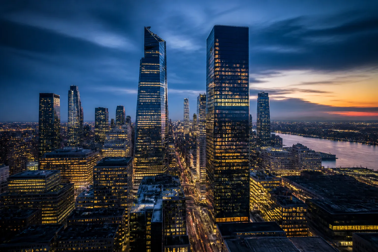 City skyline at dusk
